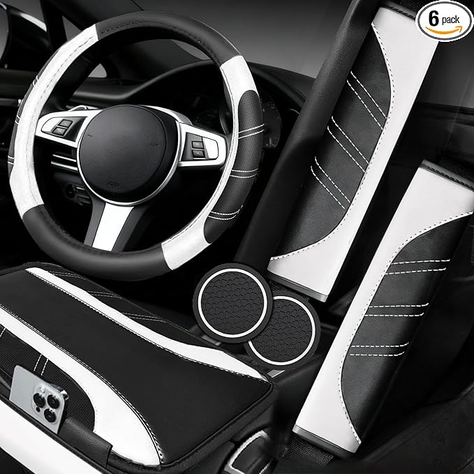 NBTEPEM 6 Pcs White Car Accessories Set, Sport Leather Steering Wheel Cover 14.5-15inch Universal, Microfiber Leather Car Center Console Cover, Seat Belt Cushion, Cup Holder Coaster (Black-White)