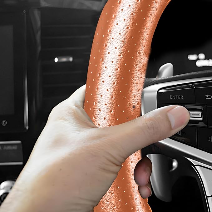 Genuine Leather Steering Wheel Cover, 15 Inch Stitch on Wheel Wrap with Needles & Threads, Breathable Steering Wheel Protector DIY Sewing Wrap for Car Truck SUV (Brown, Full Hole)