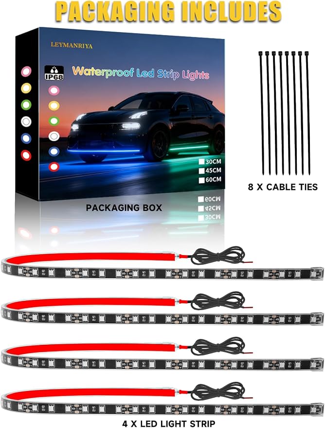 Car LED Strip Lights IP68 Waterproof Cuttable 24inch Red 4 Pcs | 12V Footwell & Underbody Lights, 5050 SMD Beads, Interior & Exterior Light, Fits SUVs, Trucks, Motorcycles, Boats, Golf Carts