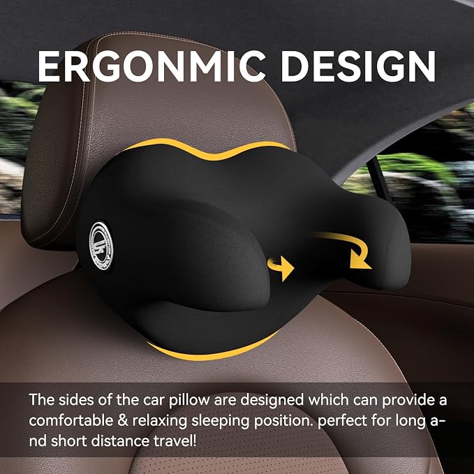 SPRFUFLY U-Shaped Car Headrest Pillow for Sleeping, 100% Memory Foam Car Pillow with Breathable Removable Cover, Ergonomic Design - Ideal Car Companion for Naps & Neck Pain Relief (Black, 1PC)