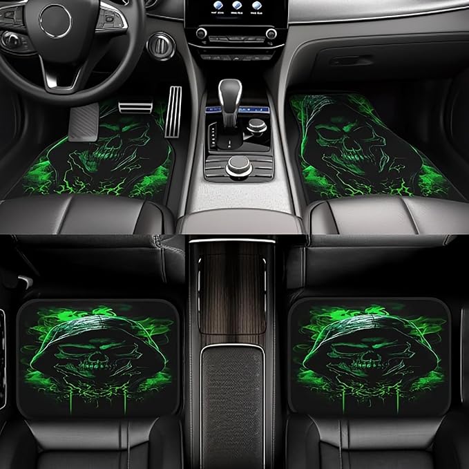 Universal Fit Car Floor Mats Set of 4Pcs, Green Horror Skull All-Weather Front Rear Car Carpet Mats, Non-Slip Car Floor Mat Car Accessories for Automotive Trucks SUV Sedans Vans