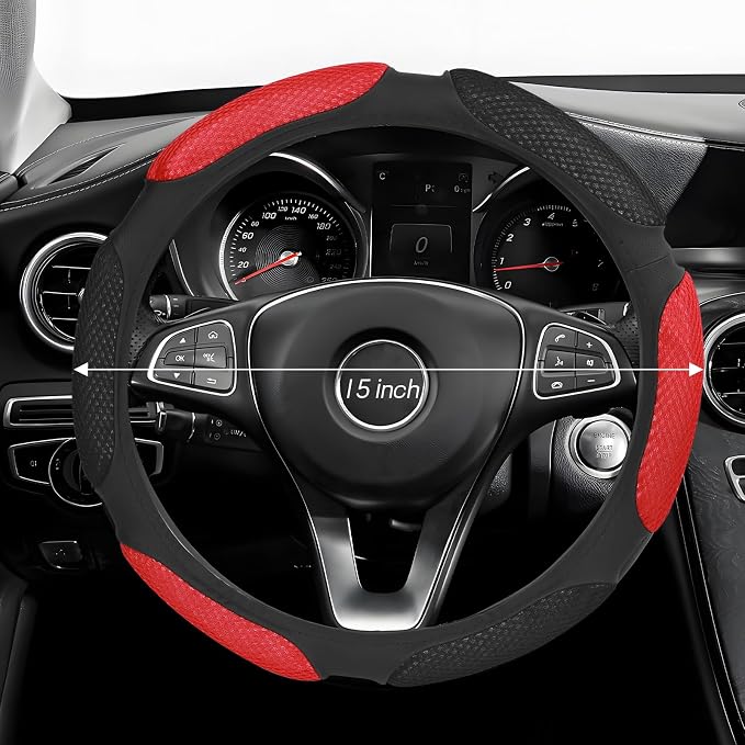 Wuyaoyao Car Steering Wheel Cover, 15 Inch PU Leather Anti-Slip Steering Wheel Covers Protector with Soft Hand Pad Cushion, Breathable & Comfortable, Universal Interior Car Accessories (Black+Red)