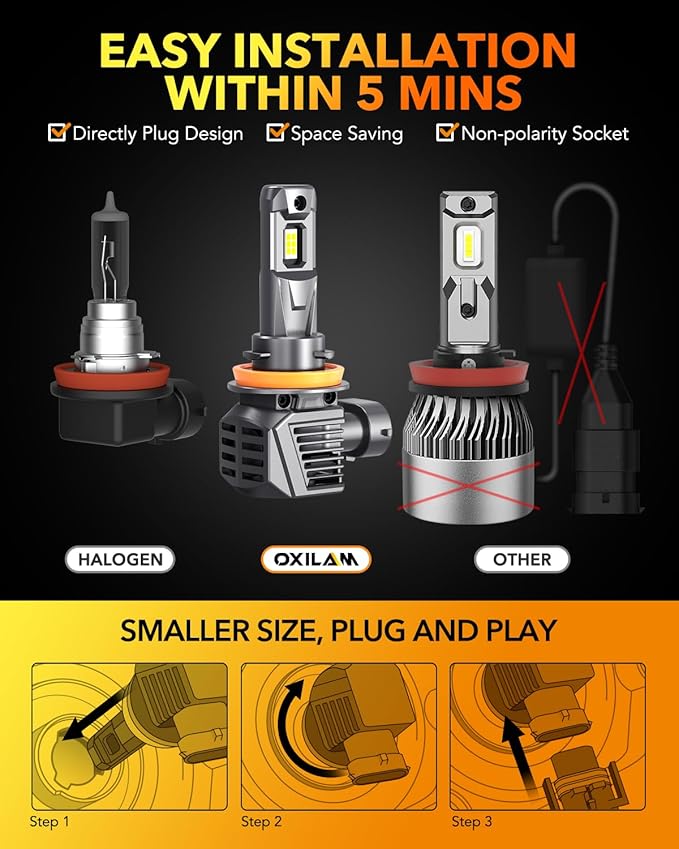 OXILAM H11 LED Light Bulb, 12 Times Ultra-Bright 6500K Cool White, Flicker-Free, 60,000-Hour Lifespan, Plug and Play, IP68 Weather Resistant, H8 H9 Fog Compatible with Cars Trucks SUVs, Pack of 2