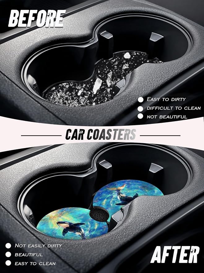 Car Cup Coasters,2 Pack Car Coaster,2.75inch Anti Slip and Absorbent Cars Coasters for Cup Holders,Neopren Accessories for Women,Cute Decor for Women (Whale)