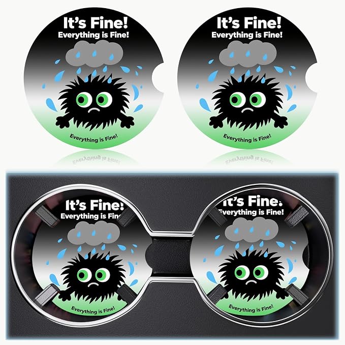 Car Cup Holder Coaster Set of 2, 2.56 in Ceramic Coasters, Scratch-Resistant Cork Backing, Finger Groove Design for Easy Placement, Cute Car Accessories Interior for Women (Little Monster)