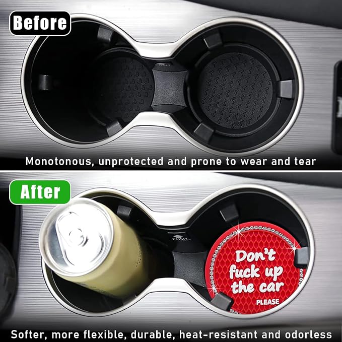 Ohleats 2 PCS Bling Car Cup Coaster, 2.75 Inch Non-Slip Don't Fuck Up My Car Please Cup Holder Insert Coaster, Crystal Rhinestone Auto Drink Cup Mat, Universal Car Accessories (Red)