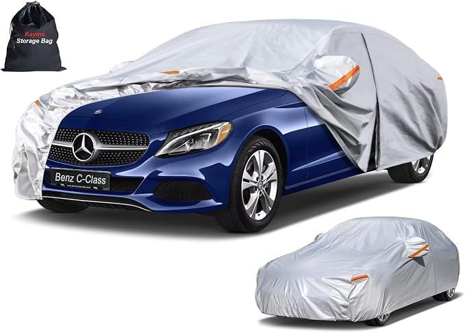 Kayme 6 Layers Sedan Car Cover Custom Fit for Mercedes-Benz C-Class，C300 C350 C400 C450 (2008-2026), Waterproof All Weather for Automobiles,Rain Sun UV Protection.Silver