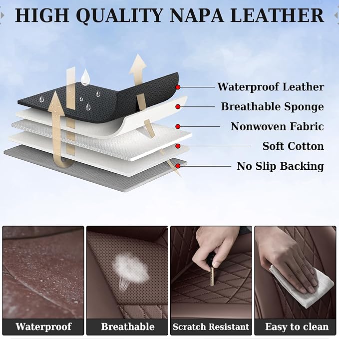 Coverado Tacoma Seat Covers, Leather Front Car Seat Covers for Toyota Tacoma, Car Seat Protector Compatible with 2005-2023 Toyota Tacoma Double/Crew Cab(Brown)