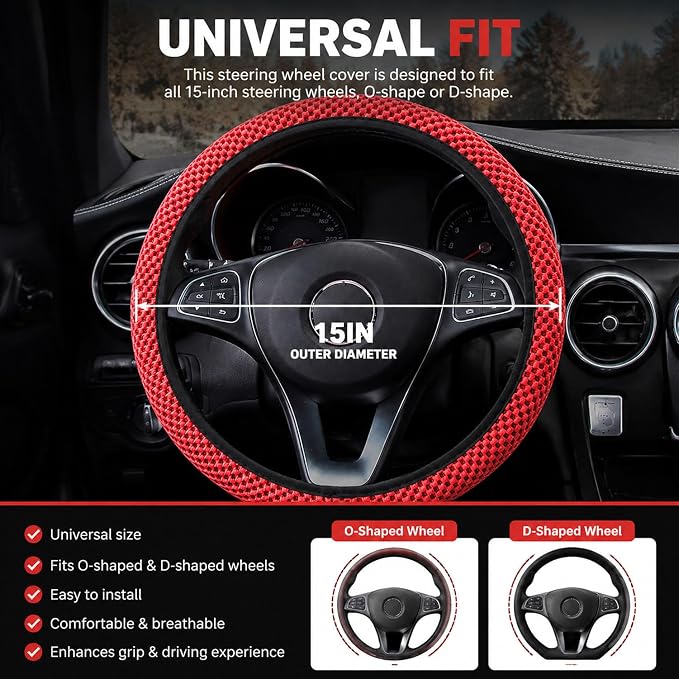 Mesh Ice Silk Cooling Car Steering Wheel Cover for Men Women,Summer Universal Breathable Stretch Anti-Slip Wheel Cover 14.5-15" for Cars, Trucks, Pickups, SUVs (Red)