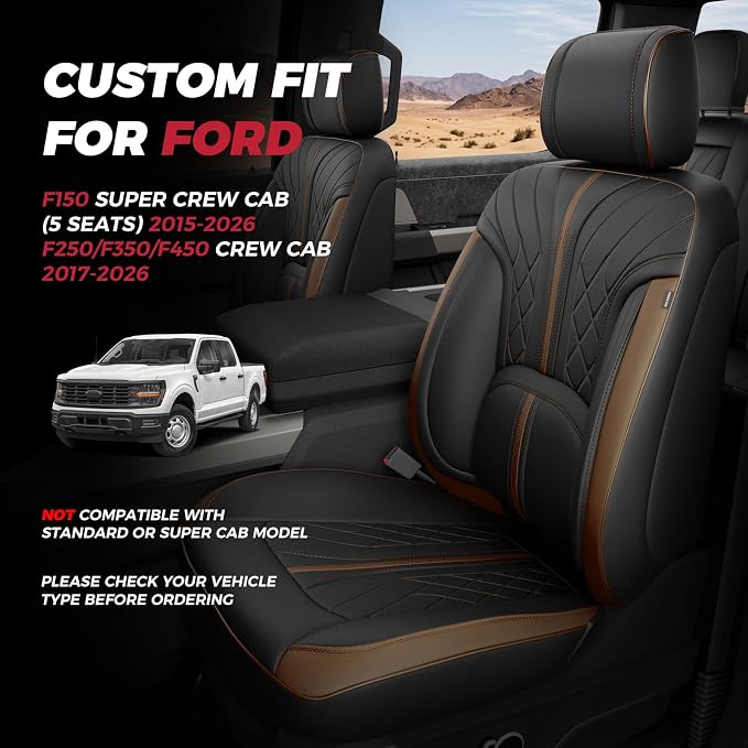 FREESOO Leather Seat Covers for Ford F150 SuperCrew/Crew Cab 2015-2026 | Fits F250/F350/F450 Super Duty 2017-2026, Custom Fit, Waterproof, Bucket Seat, Airbag Compatible, Lumbar Support, Easy-clean