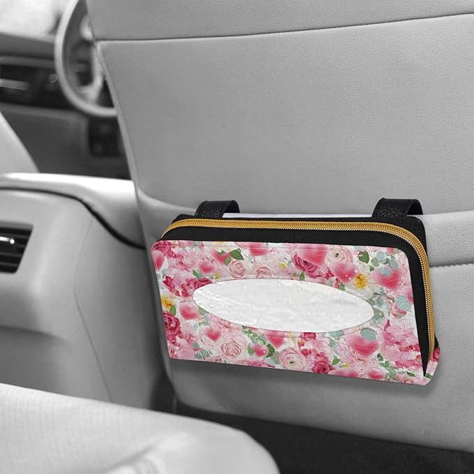 Rose Car Sun Visor Napkin Holder Hearts Print Sun Visor Tissue Holder PU Leater Backseat Tissue Box Gift for Women Wife Girls