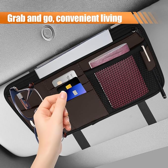 Car Sun Visor Organizer, PU Leather Automotive Visor Storage Pouch Holder with Multi-Pocket, Vehicle Interior Organizer Accessories for Sunglasses, Pen, Key, Phone, Cards, License(Brown)