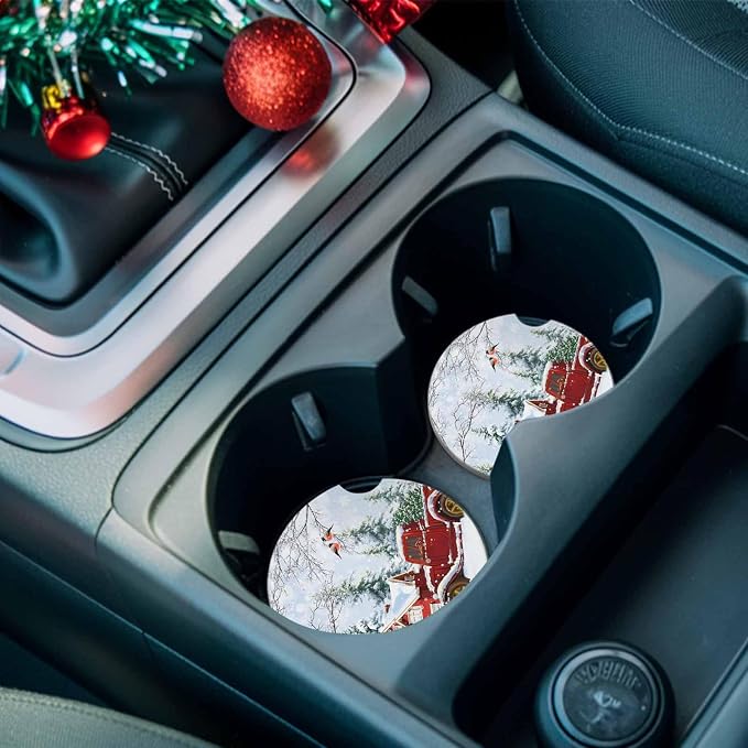 Car Coasters for Cup Holders 2.6"Dia Absorbent Coasters Set of 2 Car Interior Accessories for Women Men Ceramic Car Coaster for Drinks with Finger Grooves,Christmas Winter Snowflakes Snowman Truck Red
