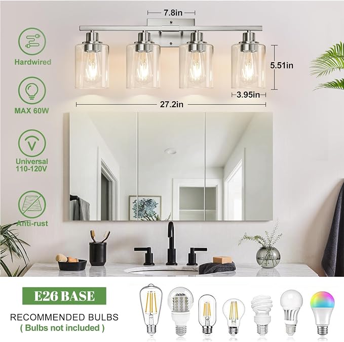 MOKATNG 4-Light Bathroom Light Fixtures, Vanity Light with Clear Glass Shades, Brushed Nickel Bathroom Light Fixtures Over Mirror, Modern Bathroom Wall Lamp for Mirror Living Room Cabinet Bedroom