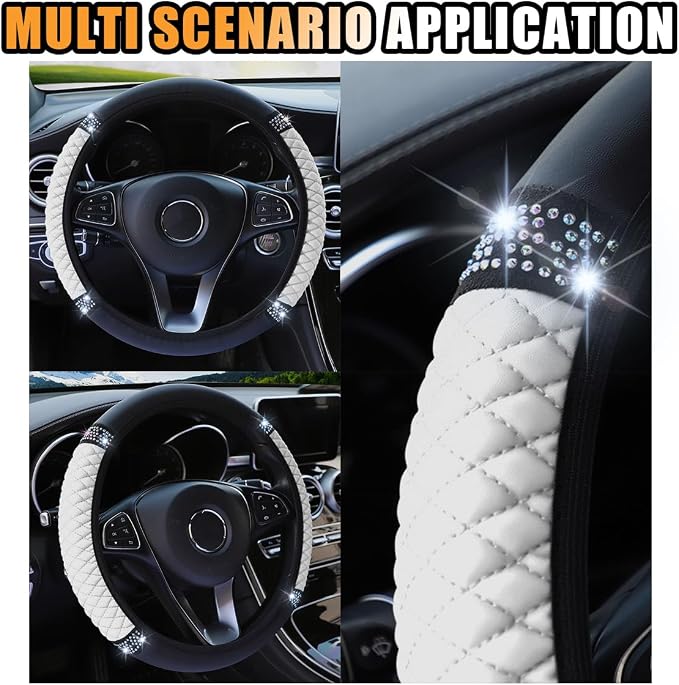JOYCOURT 15 Inch Bling Soft Leather Car Steering Wheel Cover, White | Colorful Rhinestones Design, Auto Elastic Protector for Women Girls, Crystal Diamond Car Accessories for Most Cars, SUVs