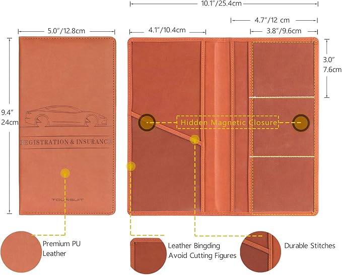 TOURSUIT Car Registration & Insurance Card Holder, Brown | Vehicle License Document Organizer, Glove Box Compartment, Interior Car Accessories, For Women Men