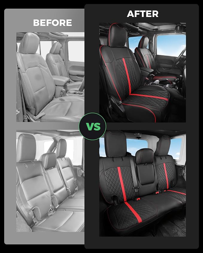 for Jeep Wrangler Seat Covers 4Door JL 2018 2019 2020 2021 2022 2023 2024 2025 2026, Custom Car Seat Cover Full Set, Luxury Waterproof Leather Protectors, Black Red Trim, with Rear Cup Holder
