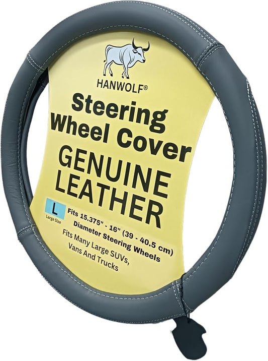 Steering Wheel Cover, Gray, Real Genuine Leather, 16 inch, for Men and Women, Universal, Stretch On, Heat Resistant, Stays Cool, Non-Slip, HANWOLF