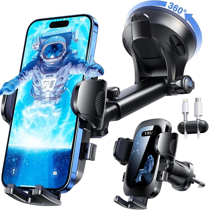 YRU True Military-Grade [360° Rotation Suction] 2026 Ultimate Car Phone Holder Mount【90+LBS Safest Strongest & Patent Certs】 Dash Windshield for iPhone 17 16 Pro Max Speakerphones, Blue Black