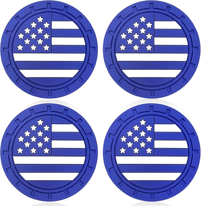 Automotive Universal Car Cup Holder Coasters 4 Pack, Non-Slip Silicone Cup Holder Insert 2.72~2.75 Inch, Anti-Skid Shockproof Drink Mat with Flag Design, Vehicle Interior Accessories Blue