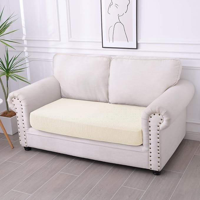 hyha Waterproof Couch Cushion Covers for Pets, Non Slip Sofa Seat Cover for Dogs Washable, Soft Thick Stretch Jacquard Fabric, Sofa Slipcovers with Elastic Bottom (1 Piece for Medium, Light Beige)