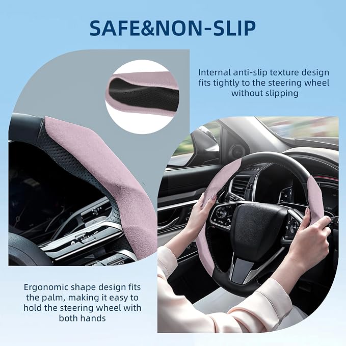 Suede Steering Wheel Cover 2PCS Segmented Clip-on Protector (Suede Pink) | Universal Fit, Anti-Slip Lining, Sporty Style, Car Interior Accessory for Men and Women