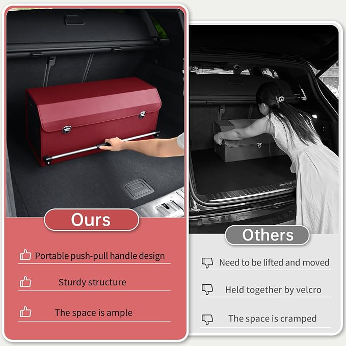 Trunk Organizer for Car with Lid Leather Trunk Organizer Car Organizer | SUV Trunk Organizer with Push-pull Handle Car Trunk Storage Organizer for Minivan, Truck, Sedan (Claret, 27.17x11.42x12.2in)
