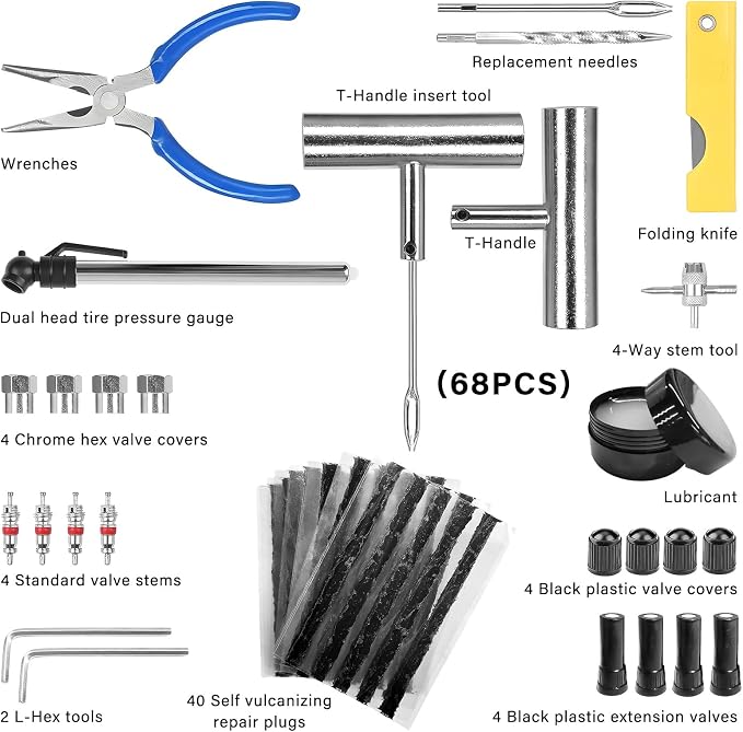 68 PCS Tire Repair Kit, Heavy Duty Tire Plug Set Professional Puncture Repair Kit, Universal Emergency Tool to Fix Punctures & Plug Flats for Cars Motorcycles Trucks Tractors
