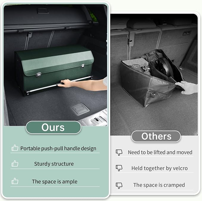 Trunk Organizer for Car with Lid Leather Trunk Organizer Car Organizer | SUV Trunk Organizer with Push-pull Handle Car Trunk Storage Organizer for Minivan, Truck, Sedan (Green, 27.1 x 11.4 x 12.2in)