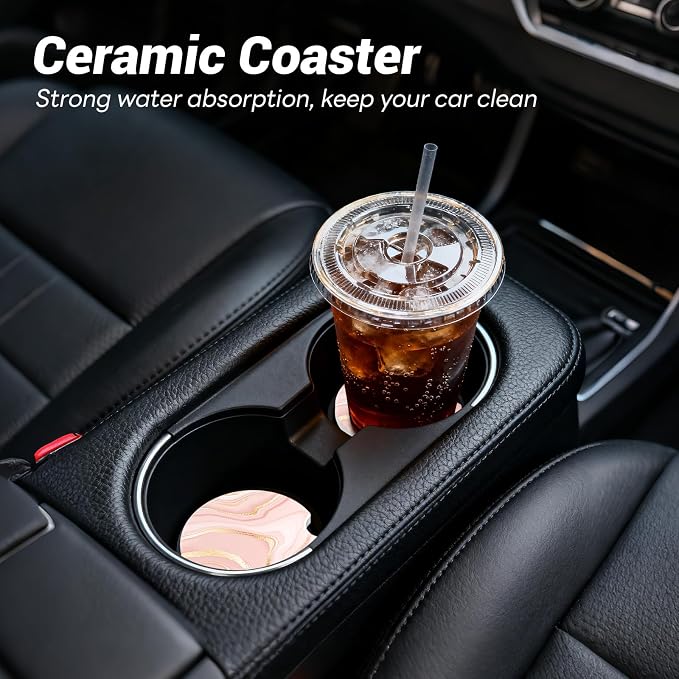 Car Cup Holder Ceramic Coasters 2 Pack, 2.56 in Anti Slip Absorbent Coaster with Cork Base and Finger Notch, Funny Cute Car Accessories Interior for Women, Light Pink Stone