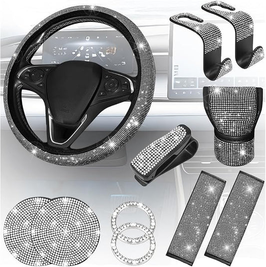 11PCS/Set Bling Car Accessories Set for Women, Rhinestone Vehicle Steering Wheel Cover Seat Belt Cushion Gear Shift Protector Cup Holder Coaster, Universal Automotive Accessories (White)