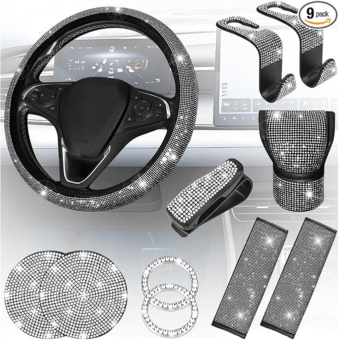 8PCS Bling Car Accessories Set, Sparkly Rhinestone Vehicle Steering Wheel Seat Belt Gear Shift Start Stop Button Cover, Diamond Auto Cup Holder Coaster Decoration, Universal Fit (White)
