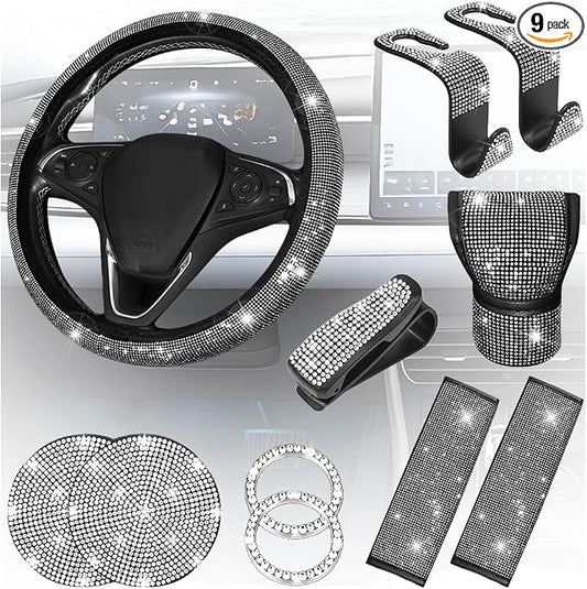 8PCS Bling Car Accessories Set, Sparkly Rhinestone Vehicle Steering Wheel Seat Belt Gear Shift Start Stop Button Cover, Diamond Auto Cup Holder Coaster Decoration, Universal Fit (White)