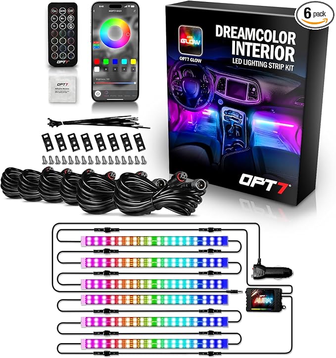 OPT7 Aura DreamColor RGB-IC Car Interior Ambient Light, 6PC Double Row LED Strips, Color Chasing Light Kit w/APP & Remote Control, Universal for Vehicles SUV Trucks Pickups Van