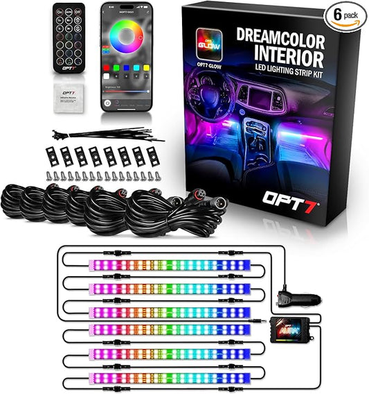OPT7 Aura DreamColor RGB-IC Car Interior Ambient Light, 6PC Double Row LED Strips, Color Chasing Light Kit w/APP & Remote Control, Universal for Vehicles SUV Trucks Pickups Van