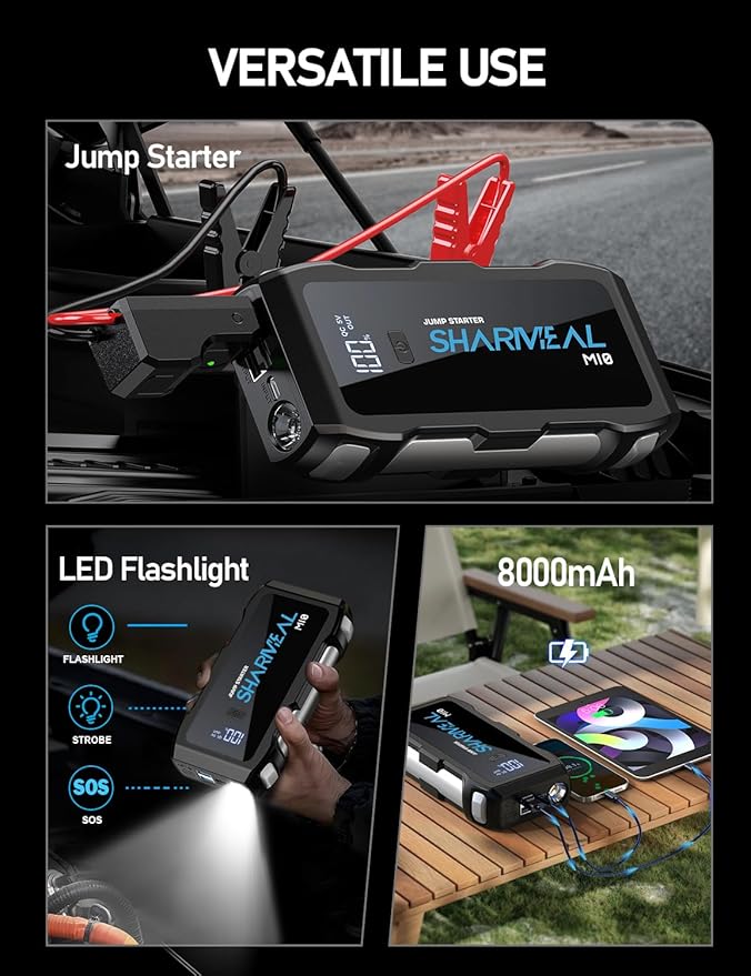 Sharmeal Jump Starter 7000A, 12V Car Battery Jump Starter with USB Quick Charge (Up to All Gas or 12.0L Diesel Engine), Battery Booster with 3 Modes Flashlight and Jumper Cable