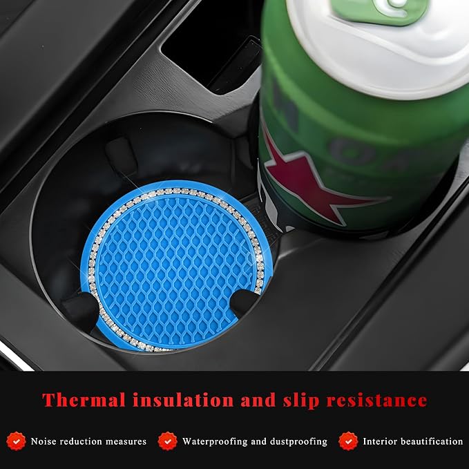 2PCS Bling Car Cup Coaster, 2.69 Inch Anti-Slip Auto Cup Holder Drink Mat w/Crystal Rhinestones, Universal Shiny Diamond Vehicle Insert Coasters Cups Mats for Women (Blue & White)