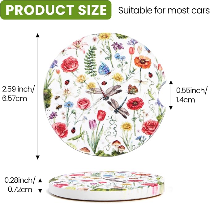 2 Pack Flower Car Coasters for Women Car Cup Holder Coasters, 2.63 Inch Anti Slip Ceramic Absorbent Coaster with Cork Base and Finger Notch, Cute Car Accessories Interior