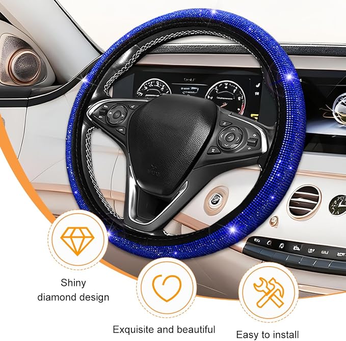 11PCS/Set Bling Car Accessories Set for Women, Rhinestone Vehicle Steering Wheel Cover Seat Belt Cushion Gear Shift Protector Cup Holder Coaster, Universal Automotive Accessories (Blue)