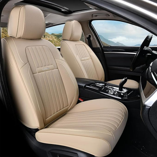 Coverado Car Seat Covers Front Seats, Car Seat Cover Beige, 2-Pack Car Seat Cushion Nappa Leather, Car Seat Protector, Waterproof Seat Covers Carseat Cover Universal Fit for Most Cars Trucks