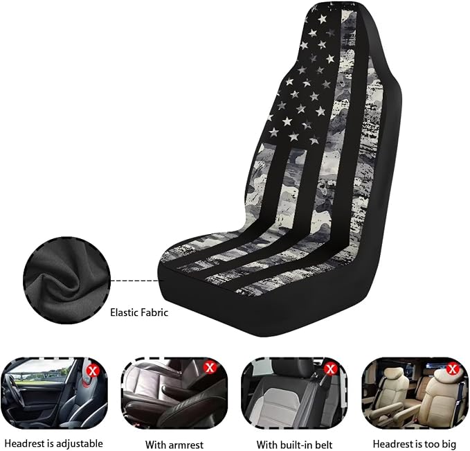 Gray US Flag Front Car Seat Cover 2 Pcs Patriotic Car Seat Covers for Front Seats Removable Automotive Accessories Easy Installation Universal Fit for Cars SUVs and Sedans