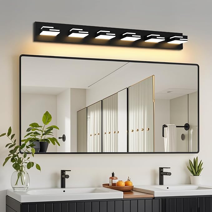 LED Modern Bathroom Vanity Light Fixtures, Dimmable Matte Black Vanity Lights for Bathroom Lighting Fixtures Over Mirror, with 360° Rotatable Acrylic Heads 6-Light 42-inch 5CCT