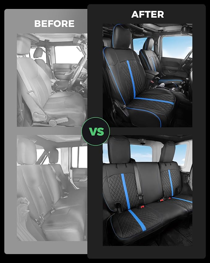 for Jeep Wrangler Seat Covers 4Door JK 2013 2014 2015 2016 2017, Custom Car Seat Cover Full Set, Luxury Leather Seat Protectors, Waterproof SUV Interior Cushions Accessories, Black Blue Trim
