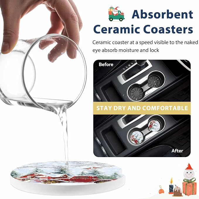 Car Coasters for Cup Holders 2.6"Dia Absorbent Coasters Set of 2 Car Interior Accessories for Women Men Ceramic Car Coaster for Drinks with Finger Grooves,Christmas Winter Snowflakes Snowman Truck Red