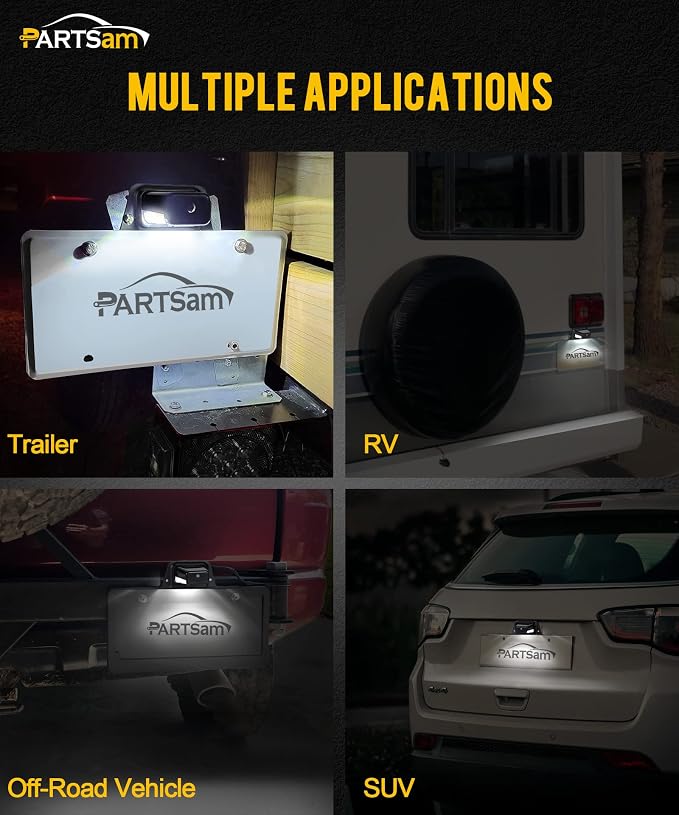 Partsam LED License Plate Light Waterproof 12V DC License Tag Light with Holder Drainage Hole Steel Bracket Mount ABS Housing PC Lens for Trailer Truck Pickup UTV ATV RV Boat 12V DOT Compliant