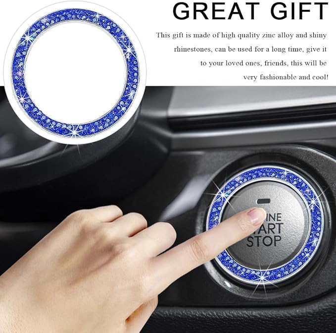Car Bling Crystal Rhinestone Engine Start Ring Decals, Sparkling Diamond Car Push Start Button Ignition Ring Sticker, Auto Key Ignition Knob Ring Decoration for Women Girls (Dark Blue)