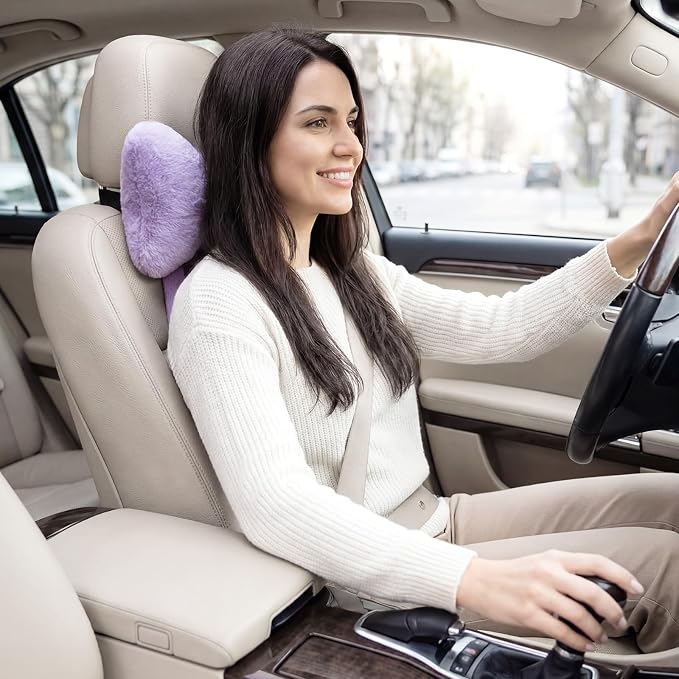 Macarrie 2 Pcs Purple Car Neck Pillow Plush Butterfly Bow Car Headrest Comfortable Pillow Seat Neck Support Cute Head Rest Accessories for Driving Travel Driver Chair Girl Interior Decor(Solid)