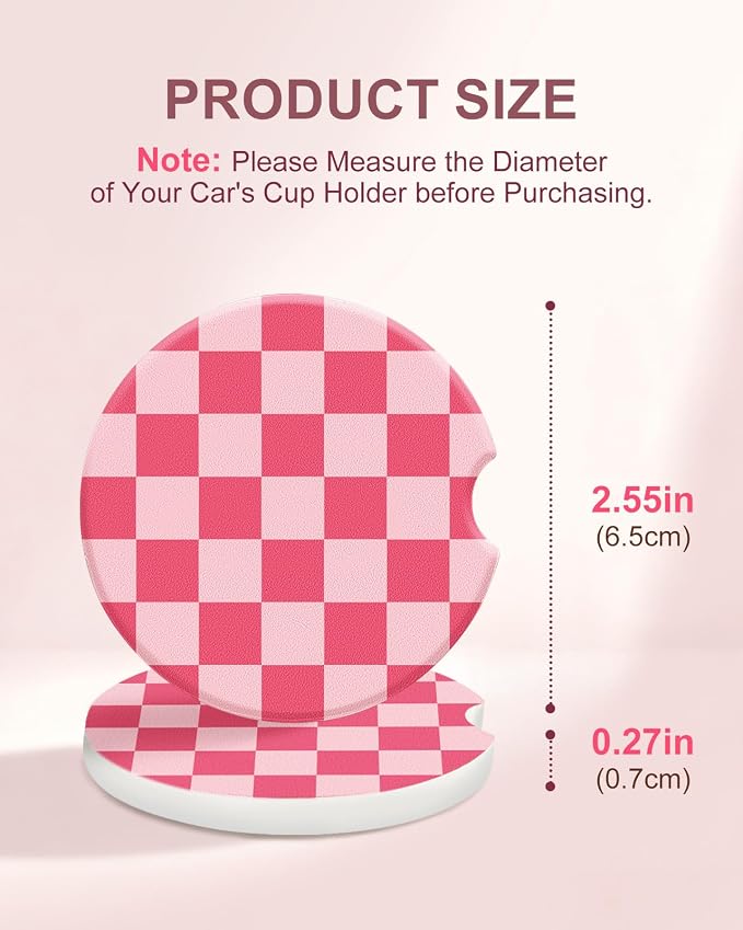 Swooflia Car Coasters for Women - Light and Dark Pink Checkered Ceramic Car Cupholder Coaster Absorbent Mat Coaster with Cork Base 2 Pack 2.55 inch Automotive Cup Holder Accessories New Driver Gifts