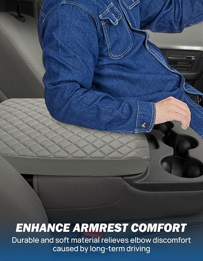 JOYTUTUS Center Console Cover Compatible with 2013-2018 Ram 1500 & 2013-2026 Ram 2500/3500/1500 Classic Model Jump Seat Console, Leather Arm Rest Covering for Car, Durable Middle Console Cover, Gray