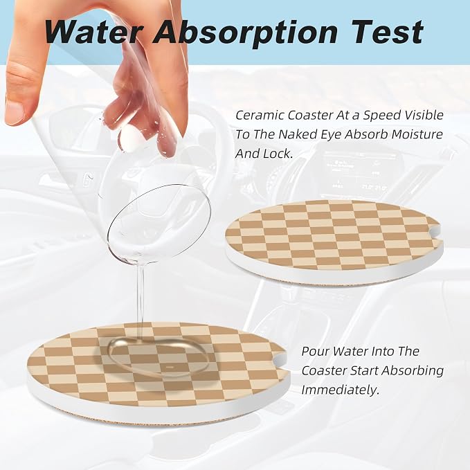 Brown and White Checkered Car Coasters for Cup Holders,2 Pack Car Cup Holder Coasters for Car,Ceramic Absorbent Car Coaster with A Finger Notch and Cork Base,Car Interior Accessories for Women Men